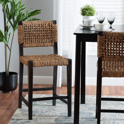 Bali Pari Alise Modern Bohemian Dark Brown Mahogany Wood And Seagrass Counter Stool Target