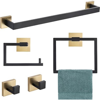5 Pieces Bathroom Hardware Set, Black and Gold Towel Bar Set, 23.6 inch Towel Bar Hand Towel Holder Wall Mounted Stainless Steel