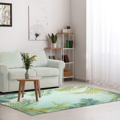 Aqua and Green Palm Leaf Indoor/Outdoor Rectangular Rug