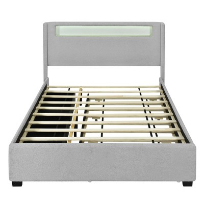 HomeRoots Light Gray Tufted Boucle Lighted Full Bed Frame With Trundle And USB And Drawers
