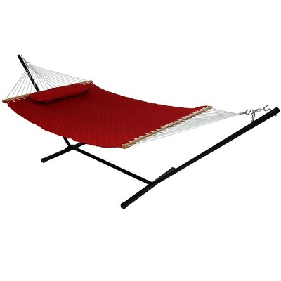 Sunnydaze 2-Person Quilted Double Hammock with Spreader Bars with Freestanding Stand - 400 lb Weight Capacity/12' Stand - Red