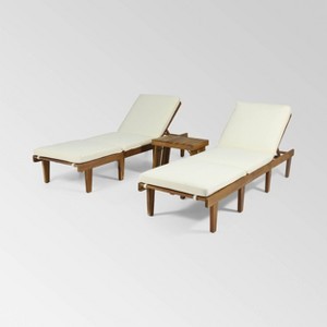 Ariana 3pc Acacia Wood Chaise Lounge Set - Teak/Cream - Christopher Knight Home: Outdoor Seating with Accent Table - 1 of 4