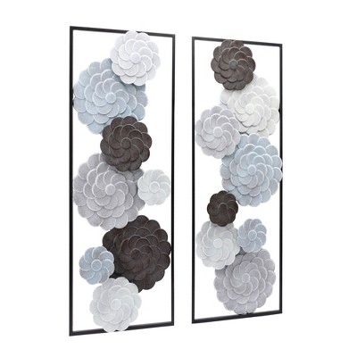 Large Black and Gray Metal Floral Wall Art Panels, Set of 2