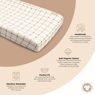 Crane Baby Quilted Changing Pad Cover - 100% Cotton Sateen, 16x32 Inch, Green Leaf Design