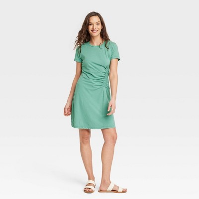 Women's Short Sleeve Ruched Knit Mini T-shirt Dress - Universal Thread™  Green Xs : Target