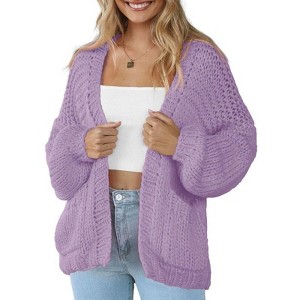 Coolmee Women's Open Front Chunky Knit Cardigan Loose Lantern Long Sleeve Oversized Sweater Coats with Pocket - 1 of 4