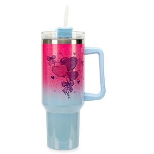 Elanze Designs 40 Ounce Stainless Steel Double Wall Insulated Ombre Glitter Travel Tumbler With Handle, Straw, and Lid, Heart Balloons Pink and Blue - 1 of 1