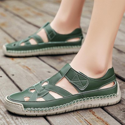 Clotth Women's Leather Cutout Closed Toe Fisherman Sandals Comfortable Sole Flat Sandals with Hook and Loop Athletic Beach Shoes