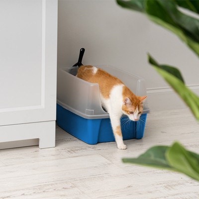 Blue Plastic Open Top Cat Litter Tray with Scoop and Shield