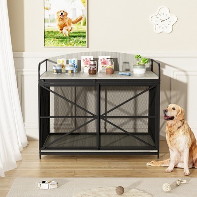 LAOTIES 42" Large Dog Crate Furniture,Heavy Duty Wooden Indoor Dog Kennel With Sliding Barn Door,Farmhouse End Table For Large Dogs