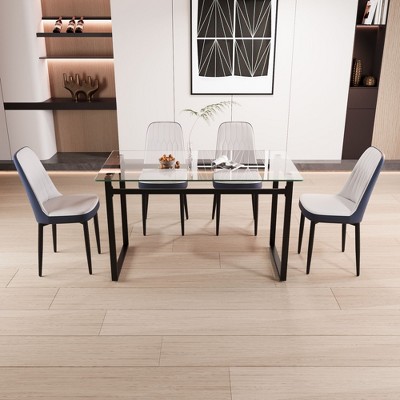 NicBex 51" Dining Table Set for 4 Modern Rectangular Tempered Glass Table with 4 PU Chairs for Dining Room, Gray