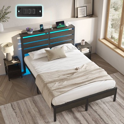 Greenstell Full Size Bed Frame with Headboard, Metal Platform Bed Frame with LED Lights & Charging Station, Under Bed Storage, Solid and Stable, Black