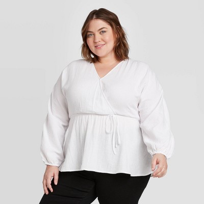 white long sleeve blouse plus size