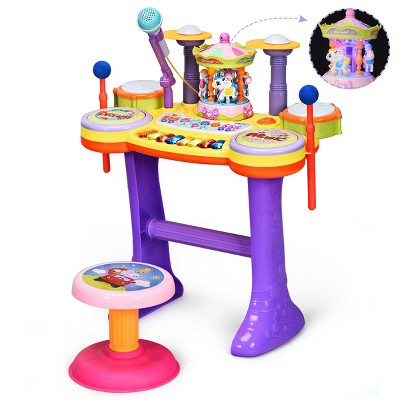 Costway 3in1 Kid Musical Instrument Piano Keyboard Drum Set w/Carousel Music Box & Stool