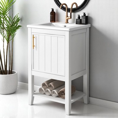 Mshliw 20" Bathroom Vanity with Ceramic Sink, Soft Closing Door, Storage Rack & Open Shelf, MDF & Rubber Wood Freestanding Cabinet