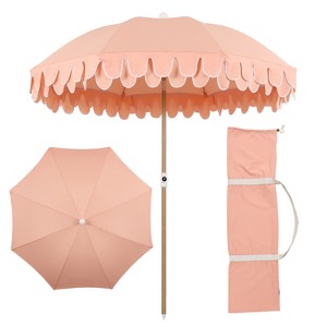 JONATHAN Y Horizon 6.5 ft. Scalloped Fringe Beach Umbrella w/ Tilt,Wind Vent,UV Protection,Carry Bag - 1 of 4