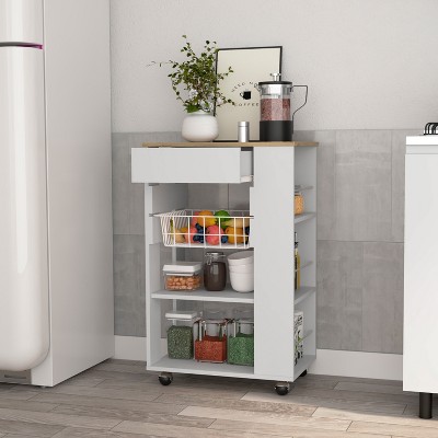 VYNXARIA Kitchen Cart,One Drawer, Two Open Shelves for Playroom, Nursery & Bedroom, Four Casters -White / Light Oak