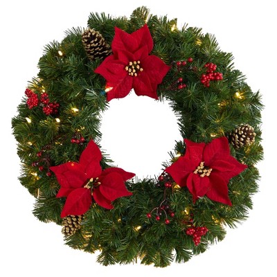 Nearly Natural 24” Poinsettia, Berry and Pinecone Artificial Wreath with 50 Warm White LED Lights