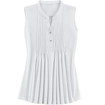 Collections Etc Pintuck Cotton Knit Sleeveless Buttoned V-Neck Tunic