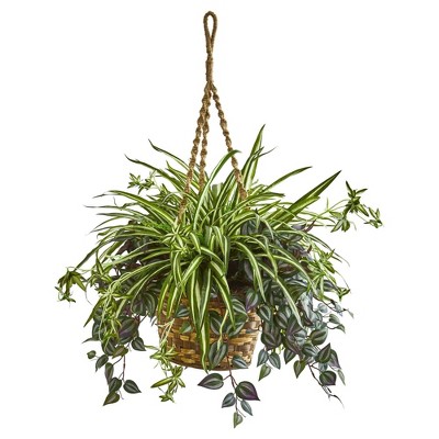 Nearly Natural 30-in Wandering Jew & Spider Artificial Plant in Hanging Basket