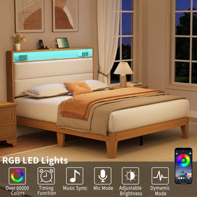 Bedroom scene featuring RGB LED-lit headboard with turquoise glow