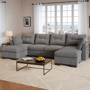 XIZZI 4-Piece Chenille Sofa Set with Large Chaise & Ottoman - Modern Sectional Sofa in White/Beige/Gray/Black, with Round/Square/Sloped Armrest - 1 of 4