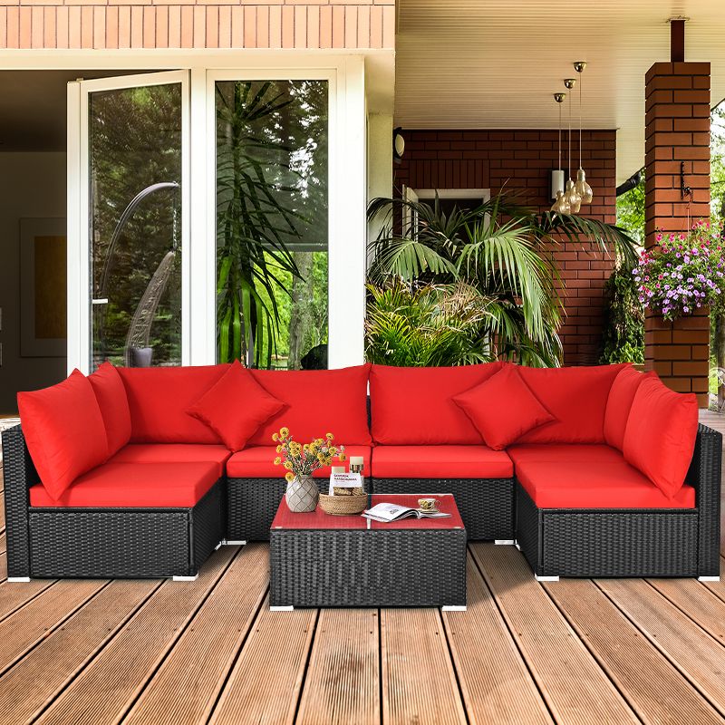 Costway 7PCS Rattan Patio Conversation Set Sectional Furniture Set w/ Red Cushion, 4 of 11