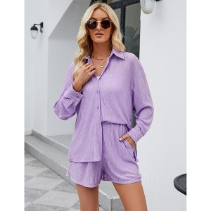 Women Pleated 2 Piece Outfits for Women Long Sleeve Button Down Shirt Wide Leg Pants Sets Casual Loungewear - 1 of 4