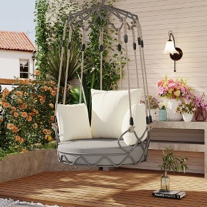 Outdoor Porch Swing Chair with UV Resistant Cushion, Hanging Basket Chair for Patio, Porch, Balcony, Beige/Gray, 300lbs Capacity - ModernLuxe - 1 of 4