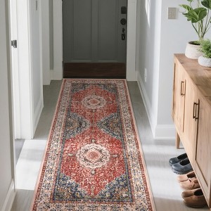 Boho Vintage Print Runner Rugs Machine Washable Non Slip Indoor Soft Accent Distressed Lightweight Thin Low Pile Carpet - 1 of 4