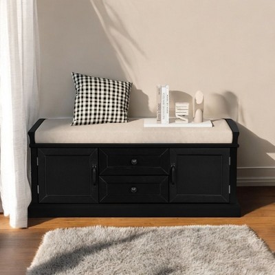 Alilang 42.50 inches Storage Bench with Cushioned Seat, Two Drawers, and Side Cabinets-Black