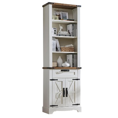 Farmhouse Bookshelf with Storage Cabinet, 72" Tall Bookcase with Drawer and Barn Door for Office Library, Living Room