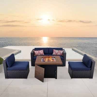 5pc Outdoor Conversation Set with Wicker Sofa & 34" Fire Pit Table - Captiva Designs