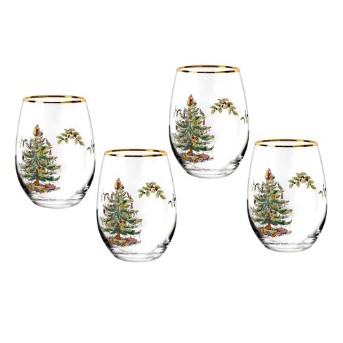 Spode Christmas Tree Stemless Wine Glass 22 Karat Gold Rim 19oz Set Of 4