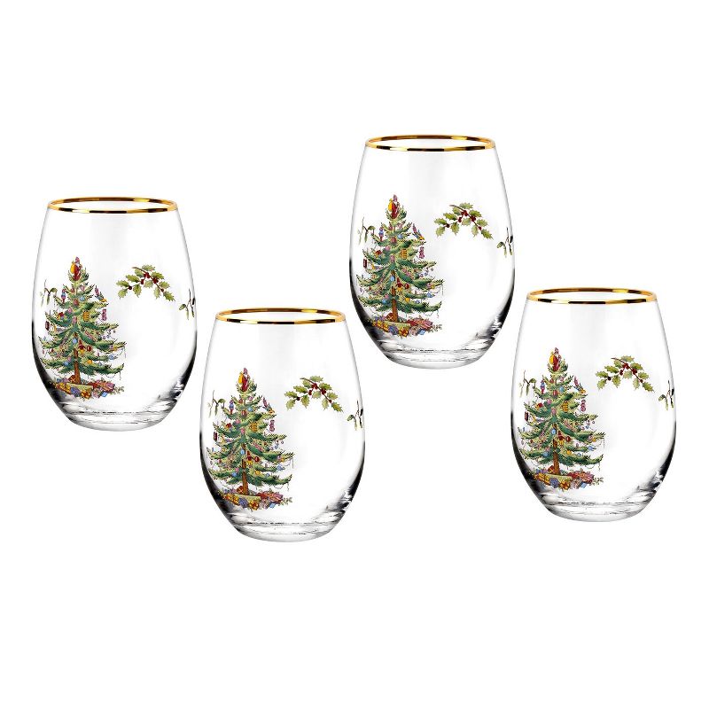 Spode Christmas Tree 19 Ounce Stemless Wine Glasses, Set of 4, 22 Karat Gold Rim - 19 oz, 1 of 6