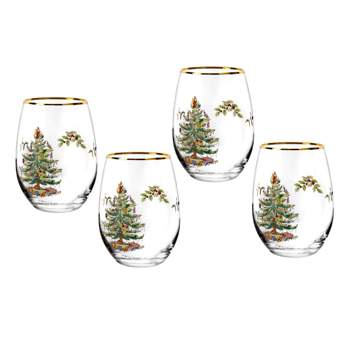 Spode Christmas Tree 19 Ounce Stemless Wine Glasses, Set of 4, 22 Karat Gold Rim - 19 oz