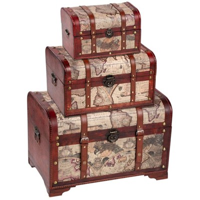Juvale 3-Piece Wooden Treasure Chest, Antique Victorian Map Pattern Keepsake Box Storage Trunk, Assorted Sizes