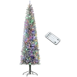 HOMCOM 9 ft Pre-Lit Pencil Christmas Tree, Artificial Flocked Xmas Tree with 310 Dual Color LED Lights, 895 Tips and Metal Stand, Green - 1 of 4