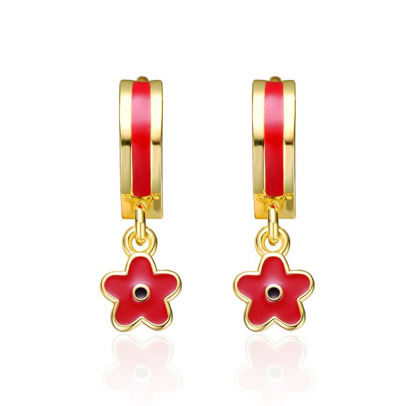 14k Yellow Gold Plated Red Enamel Dangle Flower Earrings for Kids, 1 of 4
