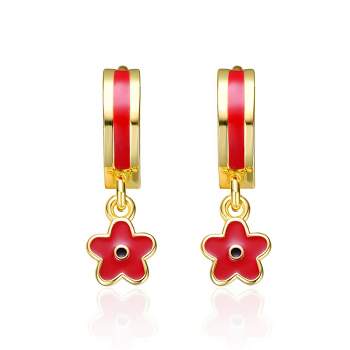 14k Yellow Gold Plated Red Enamel Dangle Flower Earrings for Kids