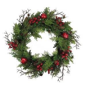 Northlight 24” Unlit Red Jingle Bell, Berry and Pine Cone Artificial Christmas Wreath - 1 of 3