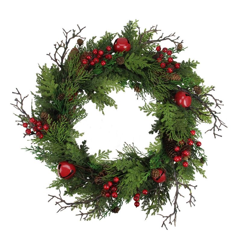 Northlight 24” Unlit Red Jingle Bell, Berry and Pine Cone Artificial Christmas Wreath, 1 of 4
