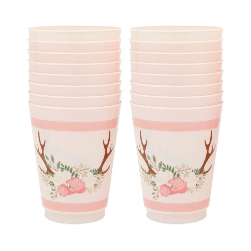 Sparkle and Bash 16 Pack Pink Plastic Floral Tumbler Cups for Oh Deer Girl Baby Shower (16 oz), 3 of 7
