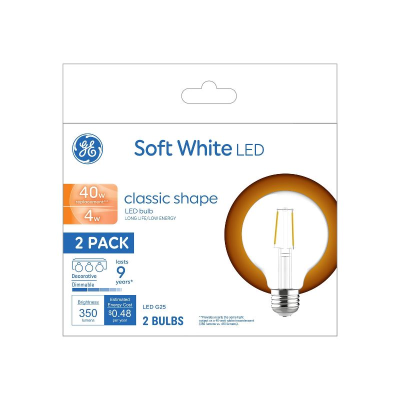 GE 2pk 4 Watts Soft White Medium Base LED Globe Light Bulbs, 1 of 7