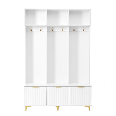 CLIHOME Modern Large Storage Hall Tree with Bench, Multi-functional Storage Bench with High Gloss Fluted Doors & 6 Gold Hooks