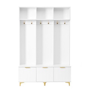 CLIHOME Modern Large Storage Hall Tree with Bench, Multi-functional Storage Bench with High Gloss Fluted Doors & 6 Gold Hooks - 1 of 4
