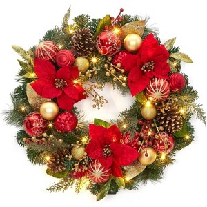 Christmas Wreath for Front Door, 24" Christmas Wreath with Battery Operated Lights, Red Gold Balls Artificial Poinsettia for Fireplace Window Wall - 1 of 4