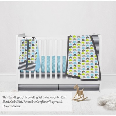 Bacati - Elephants Aqua/Lime/Gray 4 pc Crib Bedding Set with Diaper Caddy