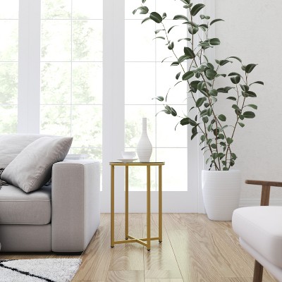 Round Clear Glass End Table with Gold Metal Cross Legs