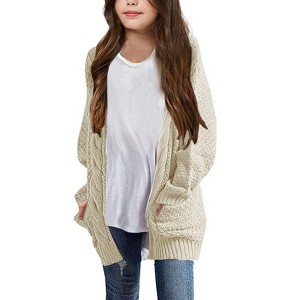 Girls Long Sleeve Cardigan Sweaters Open Front Cable Knit Chunky Cardigans Kids Oversized Cute Outerwear Coat - 1 of 3